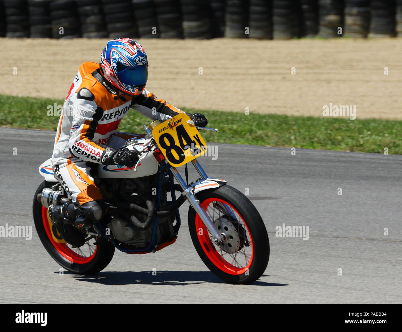 Motorcycle 84. Motorcycle 84x. With logos including Honda, RepSol, Arai. American Motorcycle Association Vintage Motorcycle Days 2018 event. Motorcycl Stock Photo