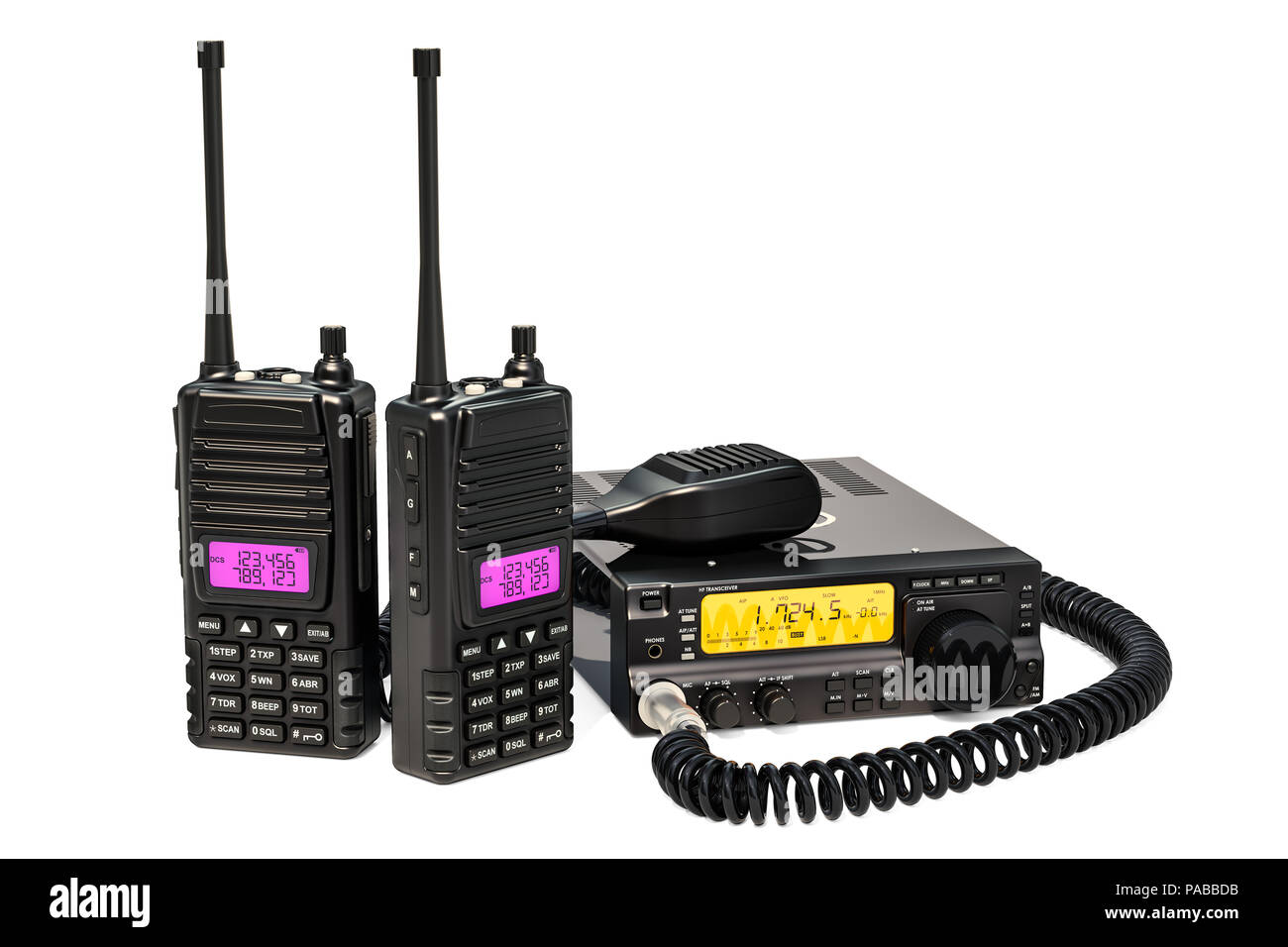 Amateur radio transceiver with push-to-talk microphone switch and portable radios walkie-talkie, 3D rendering Stock Photo