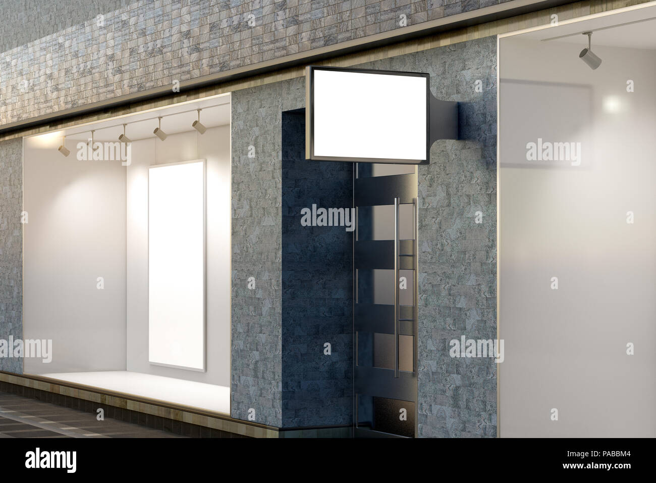 Empty store window, shop sign and entrance. Blank storefront showcase