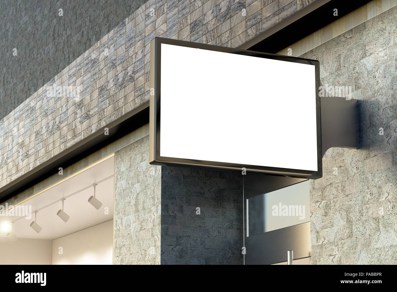 Empty store window, shop sign and entrance. Blank storefront showcase