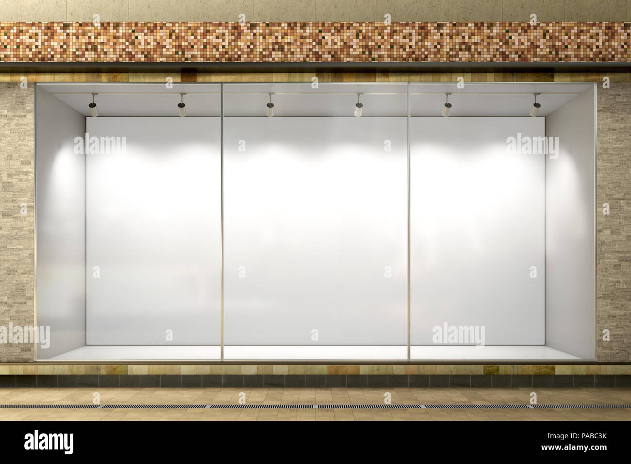 Empty store window. Blank illuminated storefront showcase. 3d illustration Stock Photo