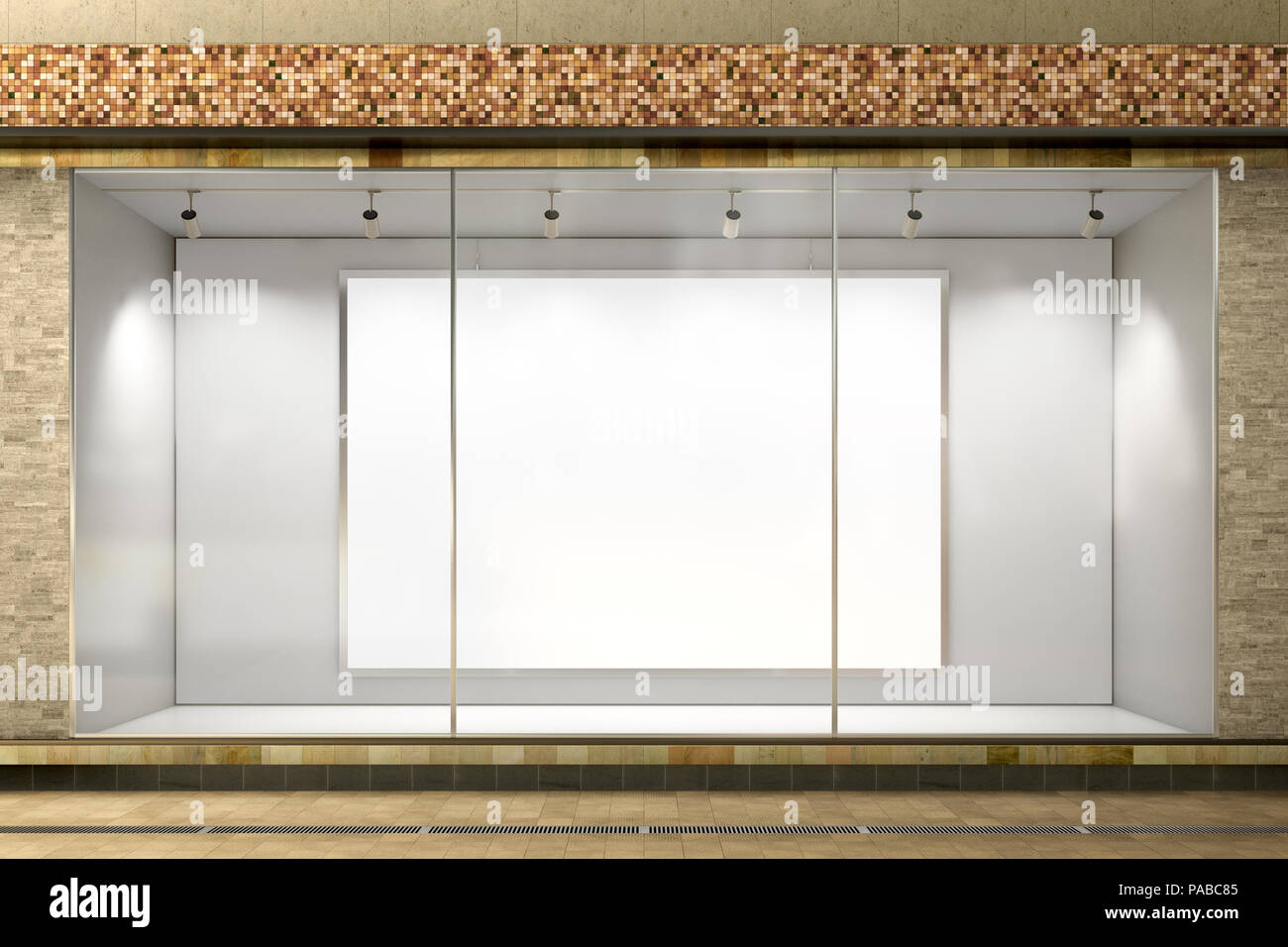 Empty store window. Blank horizontal poster in illuminated storefront ...