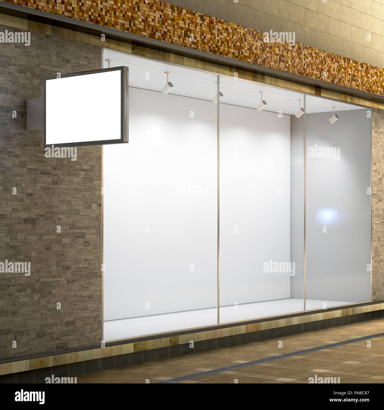 Empty store window, shop sign and entrance. Blank storefront showcase