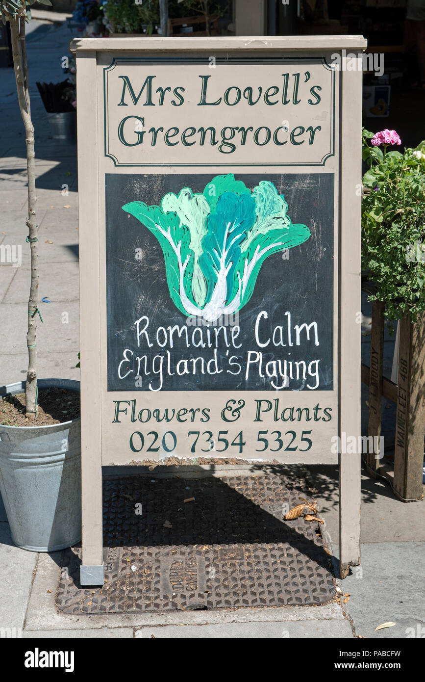Mrs Lovell's Greengrocers playcard showing Romaine lettice, Highbury Park  Highbury Barn London Borough of Islington N5 England Britain UK Stock Photo