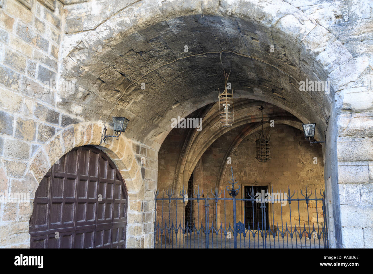 Under Castellania in Hippocrates square in old town Rhodes, Dodecanese, Greece Stock Photo