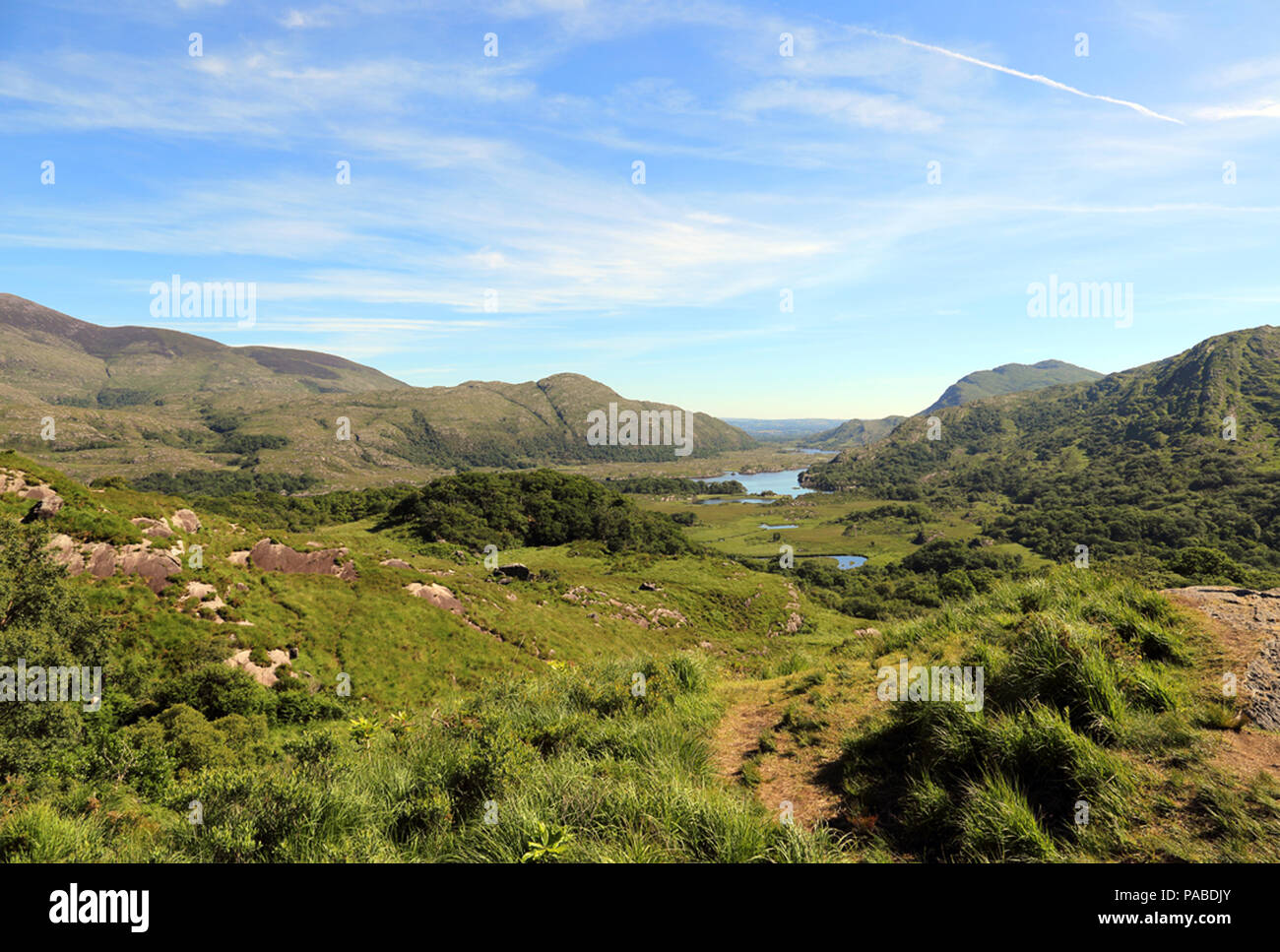 Ladies View is a scenic panorama on the Ring of Kerry about 19 kilometres (12 miles) from Killarney along the N71 towards Kenmare, in the Killarney Na Stock Photo