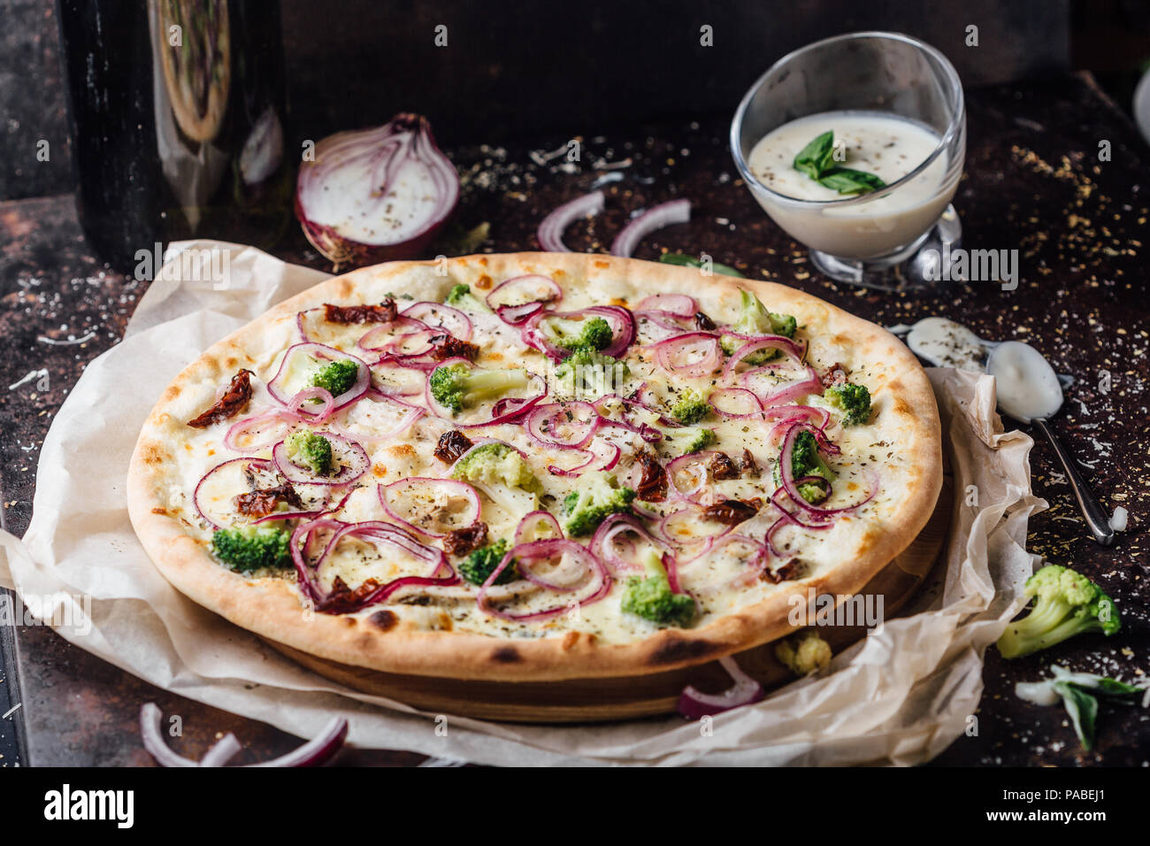 Broccoli pizza with sour cream sauce. Italian pizza Stock Photo Alamy