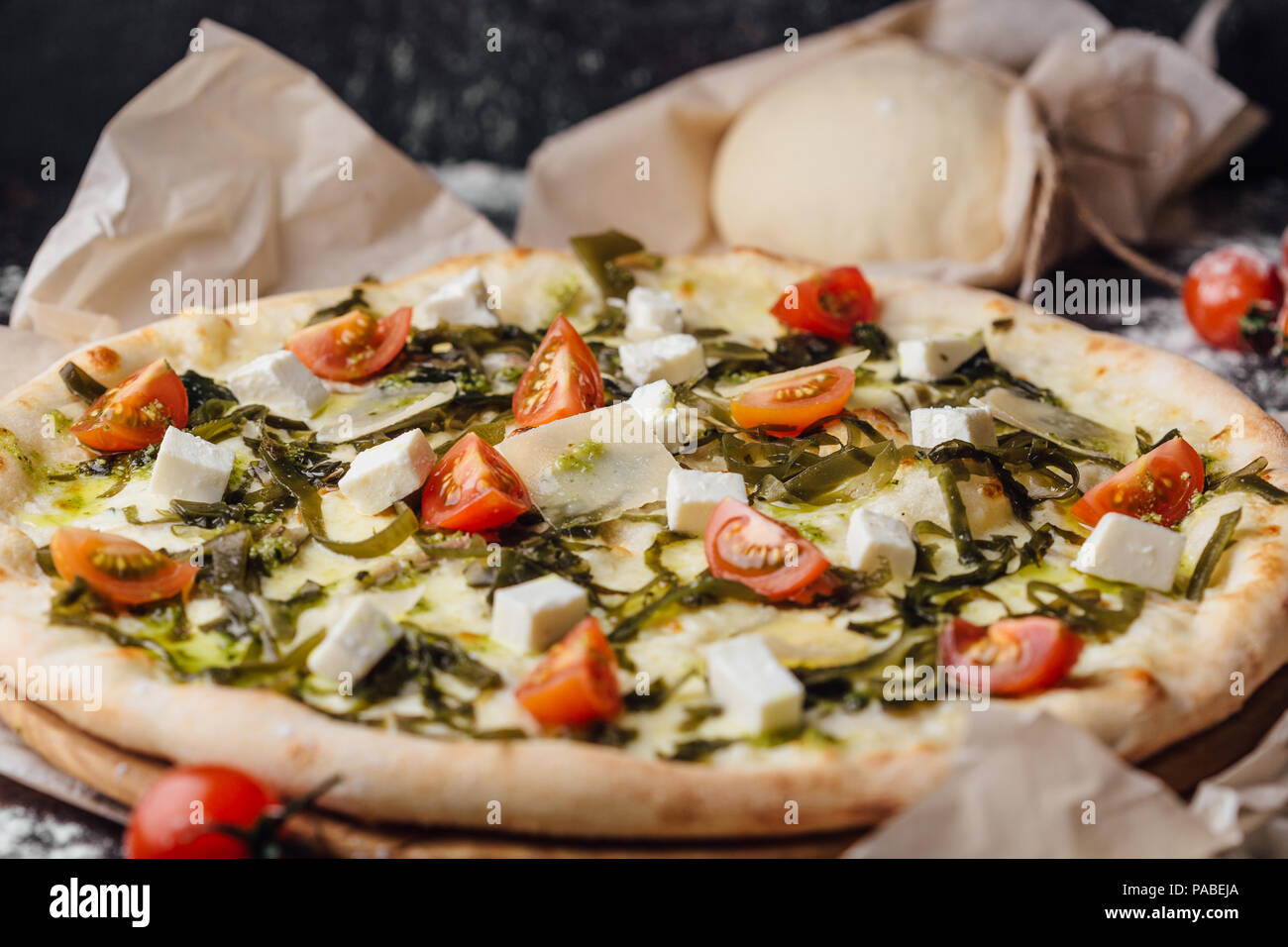 Parmesan tomatoes cherry pizza and feta. Italian pizza Stock Photo Alamy