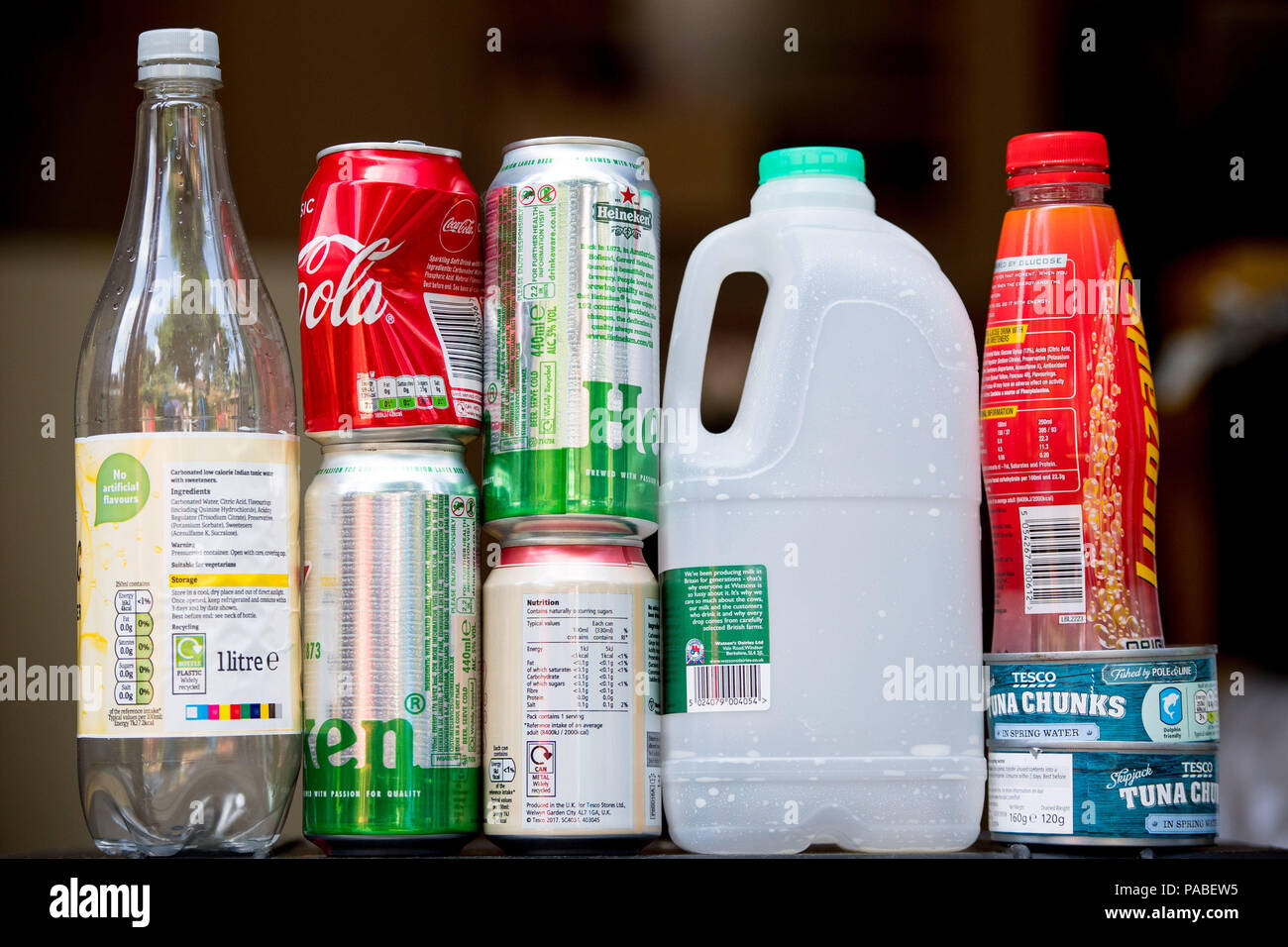 General view of plastic and metal recyclable food and drink containers. British packaging waste shipped overseas for recycling could actually be ending up in landfill due to inadequate checks, the Government's spending watchdog has warned. Stock Photo