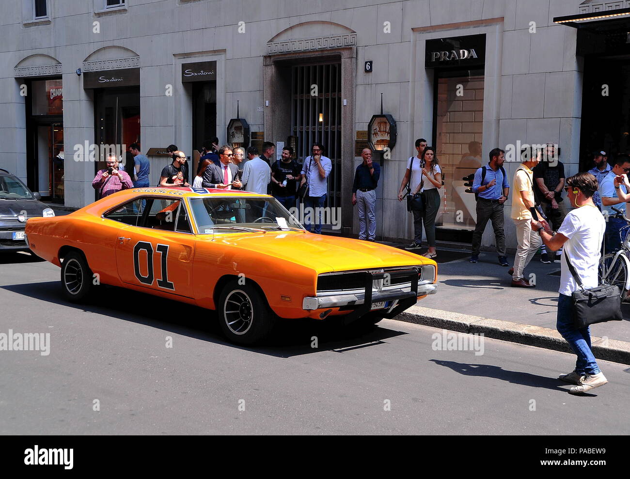 A replica of the famous 'General Lee' 1969 Dodge Charger car driven in the television series The Dukes of Hazzard received a parking ticket whilst being parked in Milan, Italy. Passersby took pictures with the car as it was parked on Via Monte Napoleone, an upscale shopping street in the city.  Featuring: General Lee Where: Milan, Italy When: 20 Jun 2018 Credit: IPA/WENN.com  **Only available for publication in UK, USA, Germany, Austria, Switzerland** Stock Photo