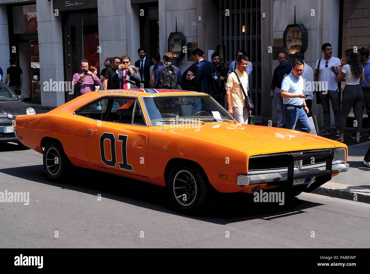 A replica of the famous 'General Lee' 1969 Dodge Charger car driven in the television series The Dukes of Hazzard received a parking ticket whilst being parked in Milan, Italy. Passersby took pictures with the car as it was parked on Via Monte Napoleone, an upscale shopping street in the city.  Featuring: General Lee Where: Milan, Italy When: 20 Jun 2018 Credit: IPA/WENN.com  **Only available for publication in UK, USA, Germany, Austria, Switzerland** Stock Photo
