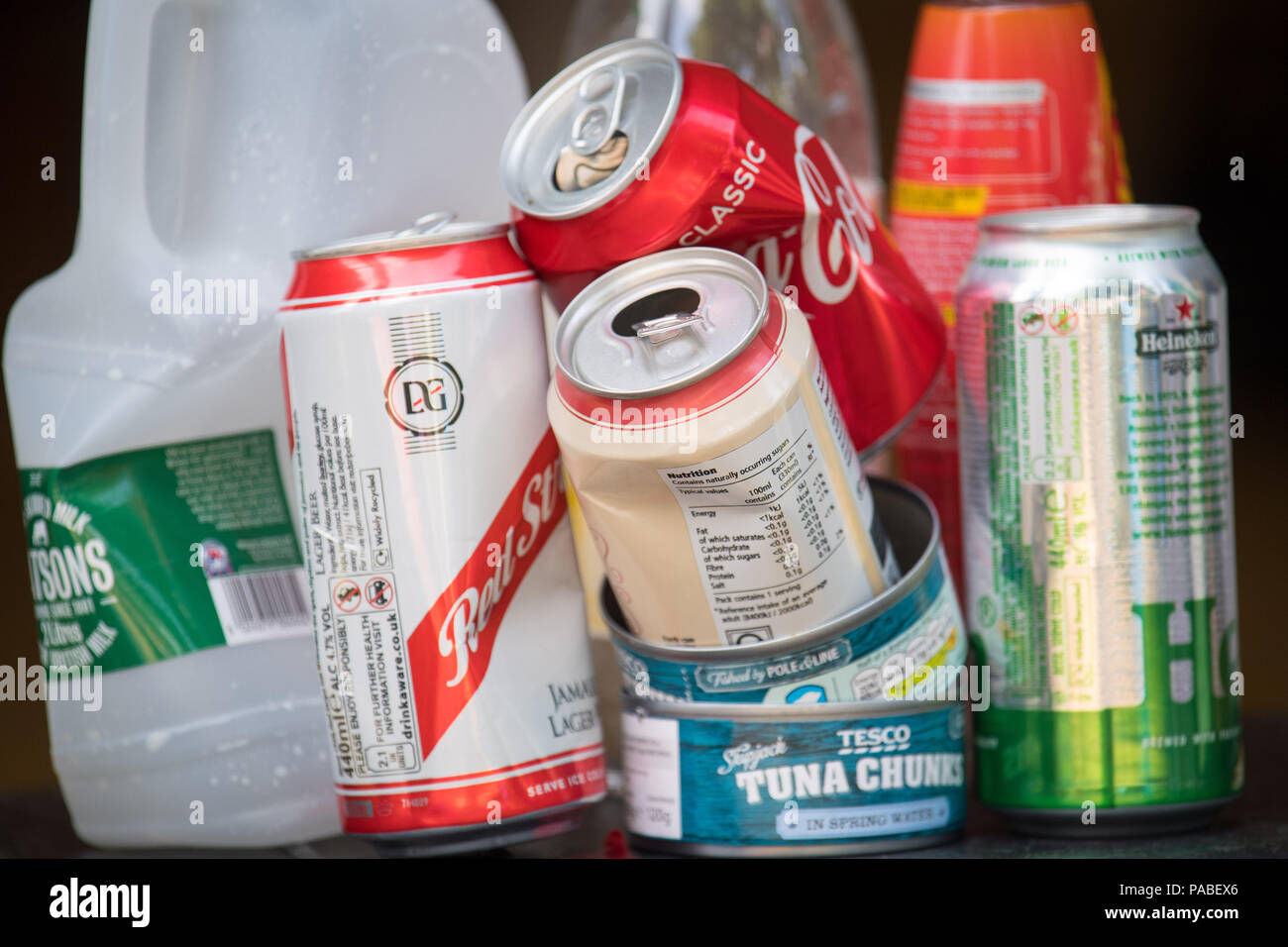 General view of plastic and metal recyclable food and drink containers. British packaging waste shipped overseas for recycling could actually be ending up in landfill due to inadequate checks, the Government's spending watchdog has warned. Stock Photo