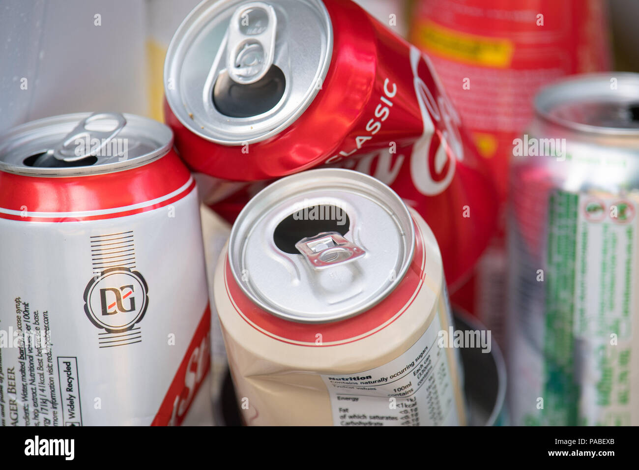 Embargoed to 0001 Monday July 23 General view of plastic and metal recyclable food and drink containers. British packaging waste shipped overseas for recycling could actually be ending up in landfill due to inadequate checks, the Government's spending watchdog has warned. Stock Photo