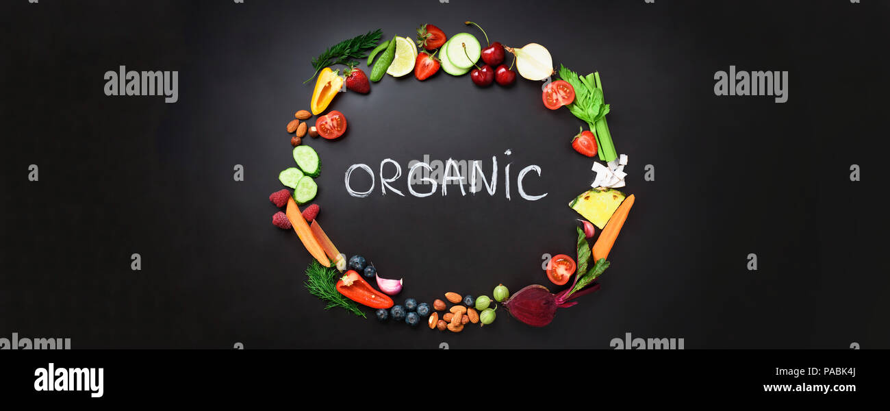 Healthy food background. Circle of fresh vegetables, fruits, nuts ...