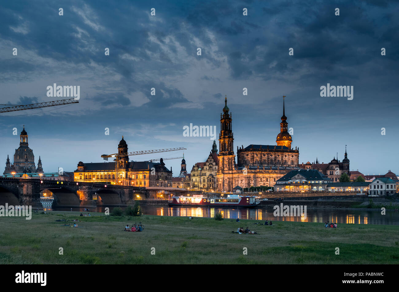 FRAUENKIRCHE, ROYAL PALACE, CATHEDRAL, AUGUSTUSBRUCKE & ELBE RIVER       DRESDEN GERMANY Stock Photo