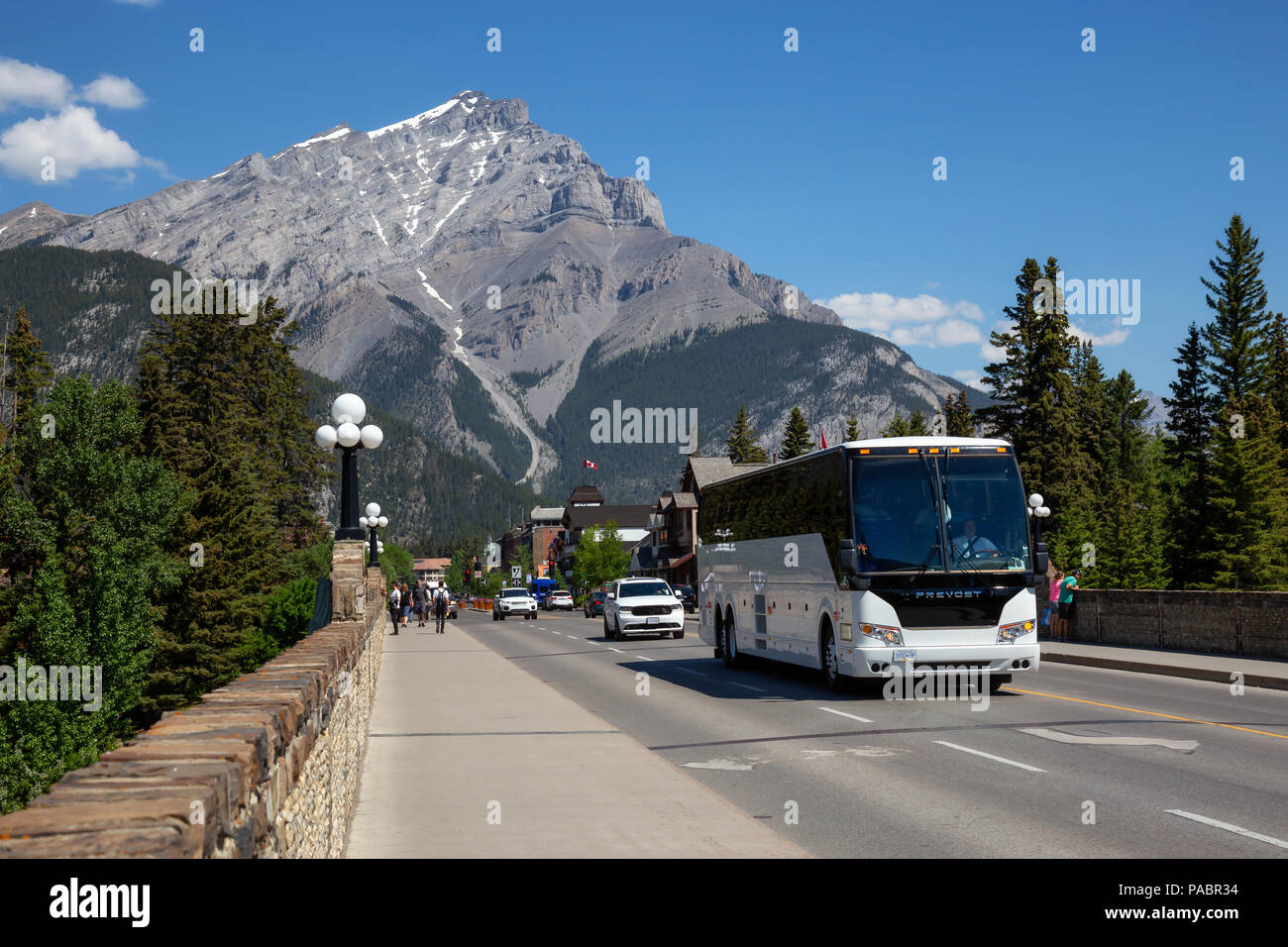 Banff, Alberta, Canada - June 20, 2018: View of the bridge in the city during a sunny summer day. Stock Photo