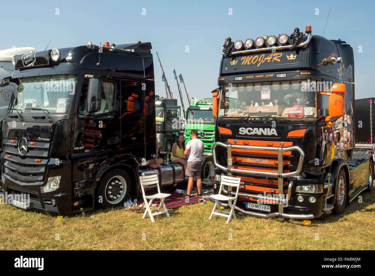 Master Truck Show 20-22.07. 2018 Poland , Opole, Polska Nowa Wieś. Various colored trucks standing in a row Stock Photo