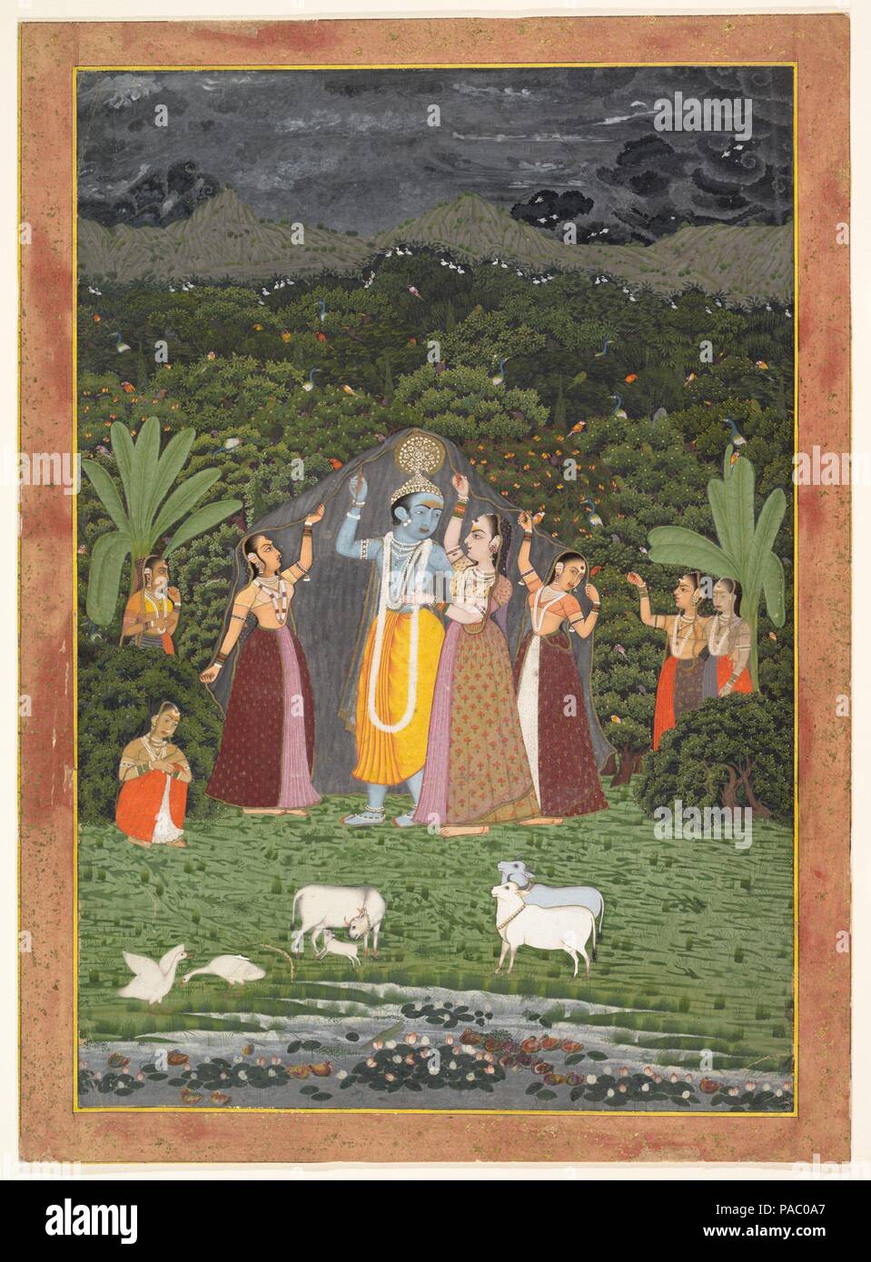 Krishna and the Gopis Take Shelter from the Rain. Culture: India (Rajasthan, Jaipur). Dimensions: 13 3/4 x 9 3/8 in. (34.9 x 23.8 cm). Date: 1760.  Here, dark clouds fill the sky and Krishna shelters several gopis (cow maids), alluding to his lifting of Mount Govardhana to shield the inhabitants of the village of Braj from a devastating storm sent by the god Indra. The gopis' devotion (bhakti) to Krishna is mimicked by the cows who share in their adoration. Krishna's pastoral activity, which was mapped for places of pilgrimage, and his erotically charged relationship with the gopis, which spea Stock Photo