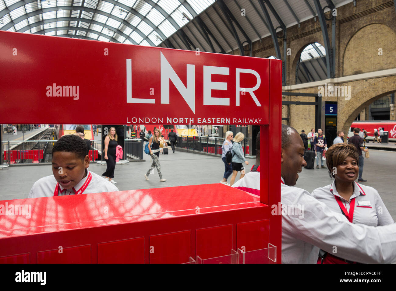 Virgin Trains East Coast now resurrected and rebranded as LNER at Kings Cross Railway Station, London, UK Stock Photo