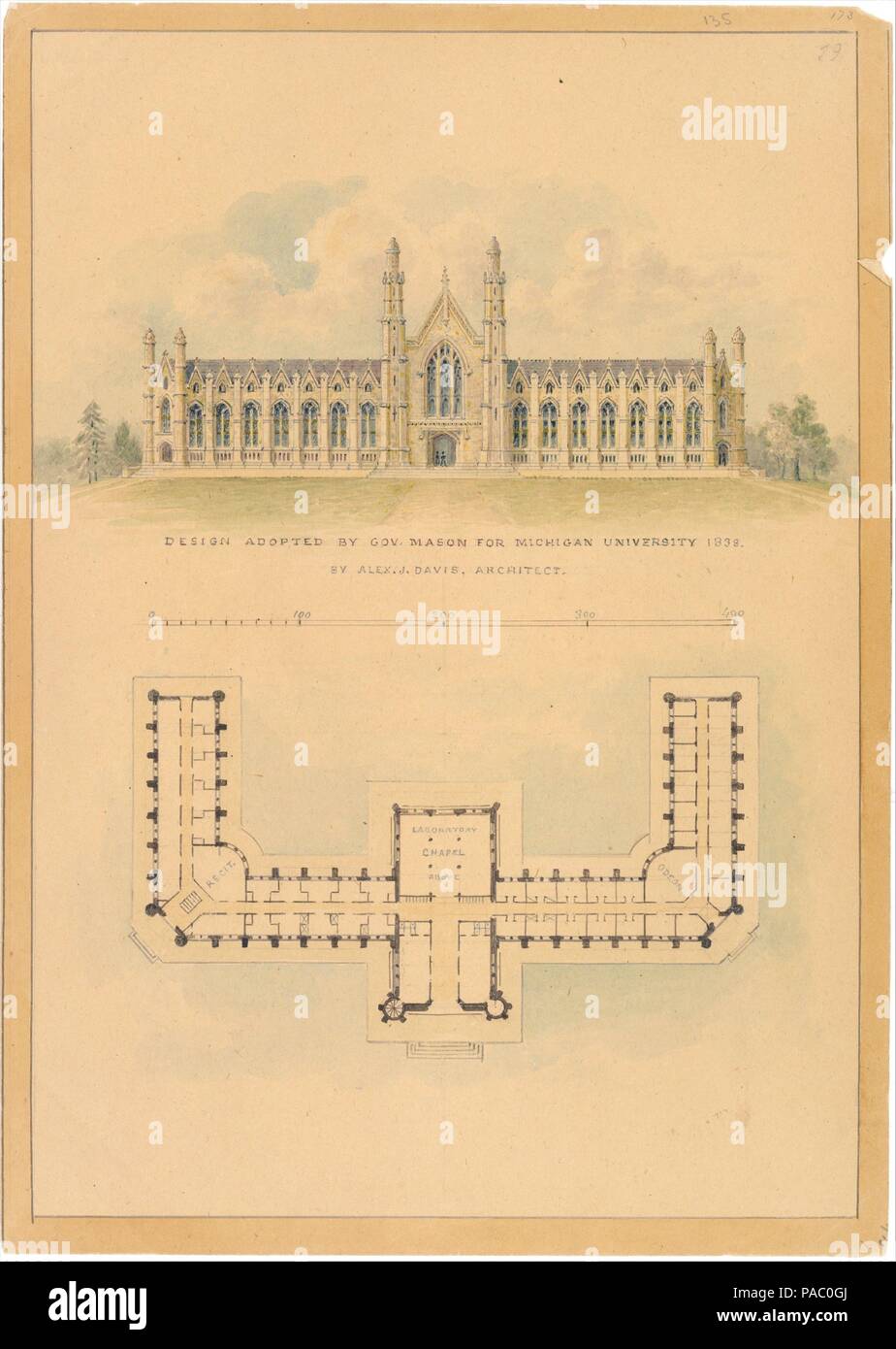 Design Adopted by Governor Mason for University of Michigan (elevation and plan). Artist: Alexander Jackson Davis (American, New York 1803-1892 West Orange, New Jersey). Dimensions: sheet: 14 9/16 x 10 3/8 in. (37 x 26.3 cm). Date: 1838. Museum: Metropolitan Museum of Art, New York, USA. Stock Photo