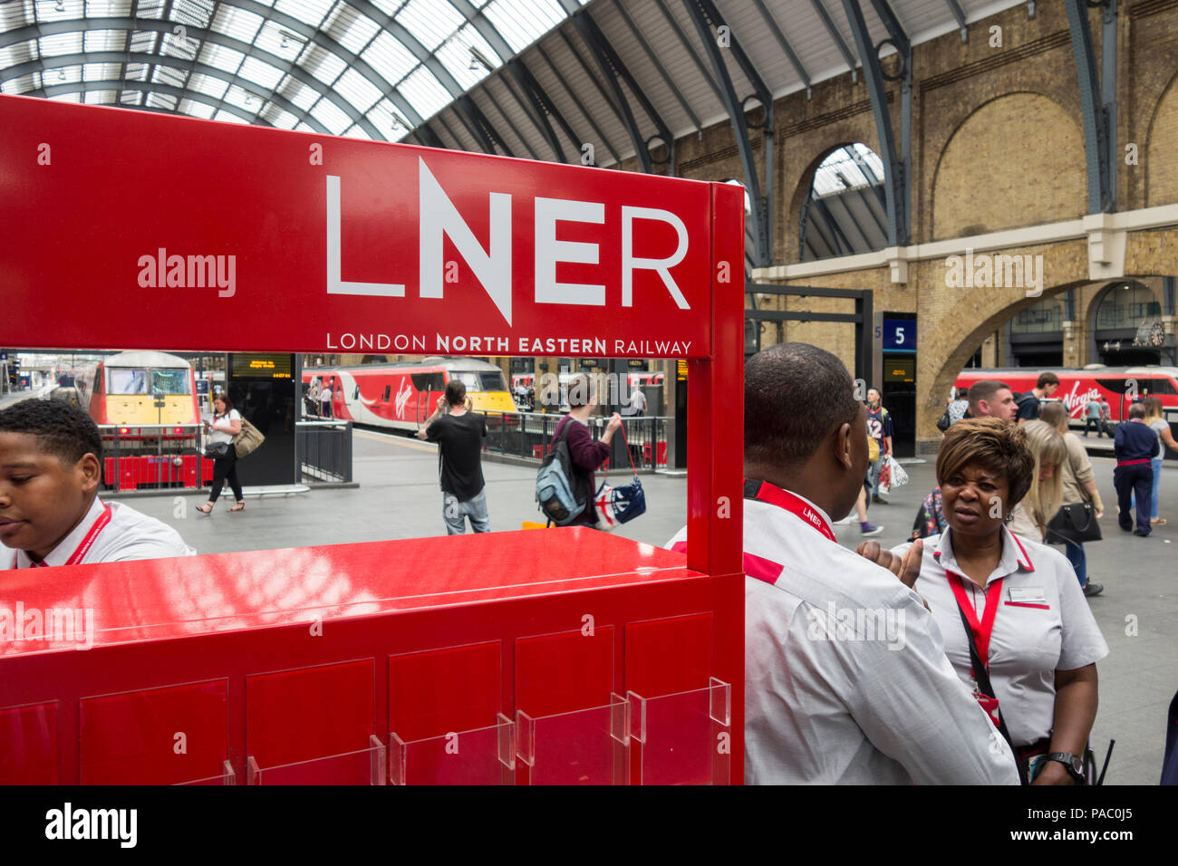 Virgin Trains East Coast now resurrected and rebranded as LNER at Kings Cross Railway Station, London, UK Stock Photo