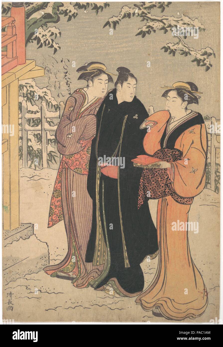 Man in a Black Haori (Coat) and Two Women Approaching a Temple. Artist: Torii Kiyonaga (Japanese, 1752-1815). Culture: Japan. Dimensions: H. 14 13/16 in. (37.6 cm); W. 10 1/16 in. (25.6 cm).  From the Edo period to the present, Sensoji Temple at Asakusa has been the representative temple of Tokyo's shitamachi (merchant-class neighborhoods). Originally built in the Nara period, Sensoji was made resplendent in Edo times. The citizens of Edo visit the temple at the end of the year to buy charms and pray for prosperity or a safe home. Museum: Metropolitan Museum of Art, New York, USA. Stock Photo
