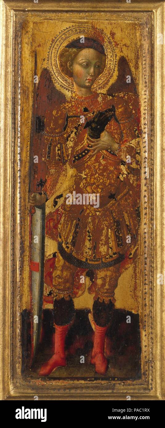 Saint Michael. Artist: Pietro di Giovanni d'Ambrogio (Italian, Siena 1410-1449 Siena). Dimensions: Engaged Frame: 11 11/16 x 5 1/4 in.  (29.7 x 13.4 cm)  Painted Surface: 9 5/8 x 2 15/16 in. (24.5 x 7.5 cm.). Date: mid-1430s. Museum: Metropolitan Museum of Art, New York, USA. Stock Photo