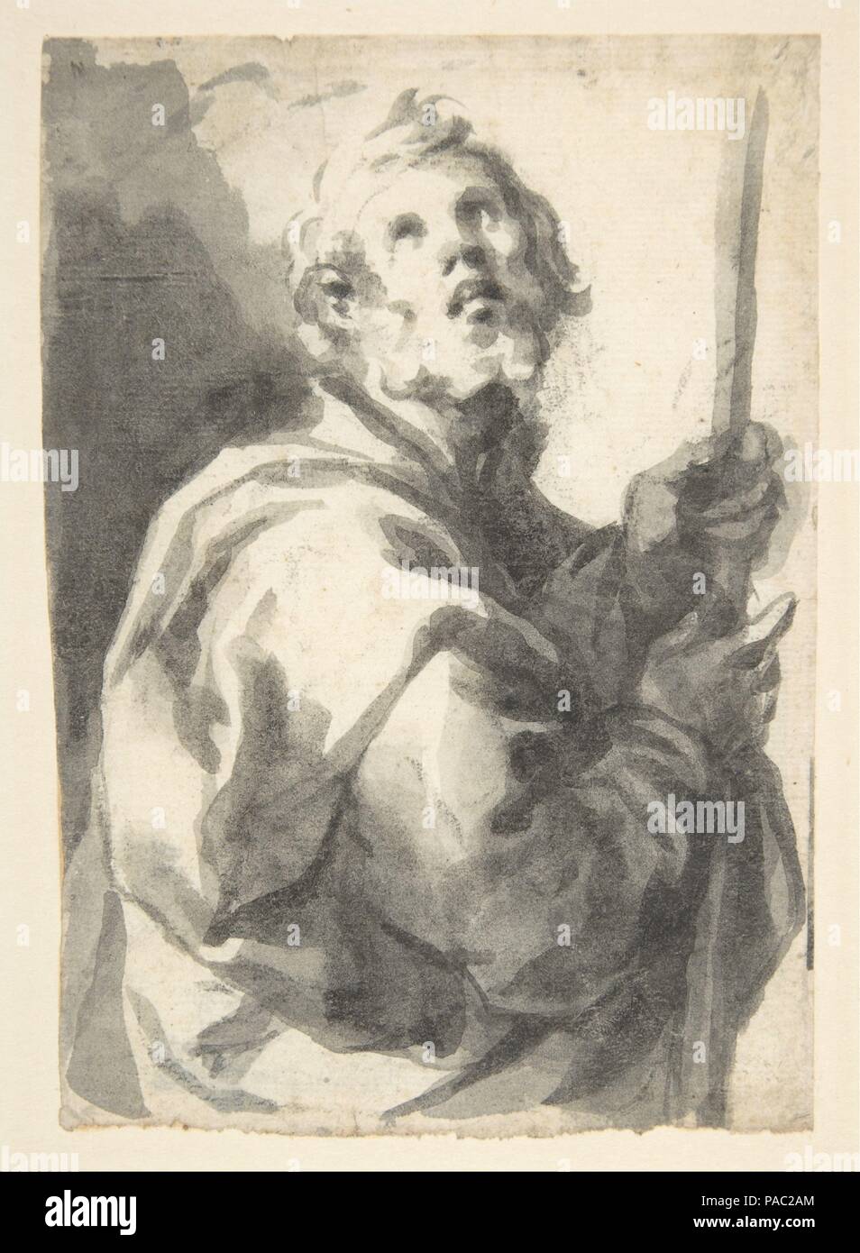 Male Saint with Staff, Half-Figure. Artist: Attributed to Francisco Herrera, the Younger ('El Mozo') (Spanish, Seville 1627-1685 Madrid). Dimensions: 6-1/16 x 4-1/2 in.  (15.4 x 11.4 cm). Date: 1640. Museum: Metropolitan Museum of Art, New York, USA. Stock Photo