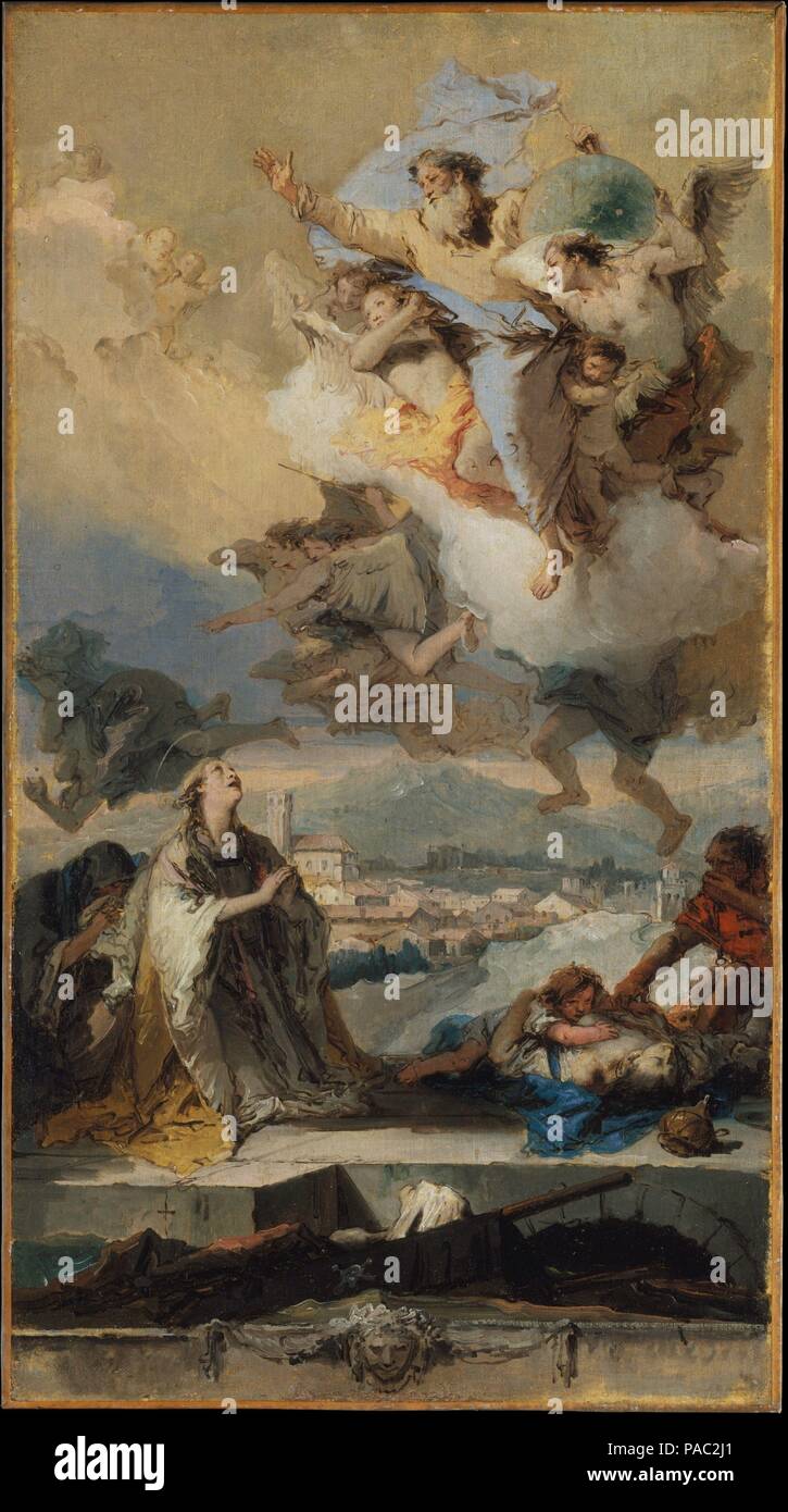 Saint Thecla Praying for the Plague-Stricken. Artist: Giovanni Battista Tiepolo (Italian, Venice 1696-1770 Madrid). Dimensions: 32 x 17 5/8 in. (81.3 x 44.8 cm). Date: 1758-59.  The present preliminary sketch is for one of Tiepolo's greatest religious works, the altarpiece in the apse of the cathedral at Este, near Padua. Commissioned in 1758 and installed on Christmas Day, 1759, the picture commemorates the plague of 1630 with the citizens of Este praying for the intercession of Saint Thecla. The first-century saint is shown among the victims; the town is depicted in the background. Museum: M Stock Photo