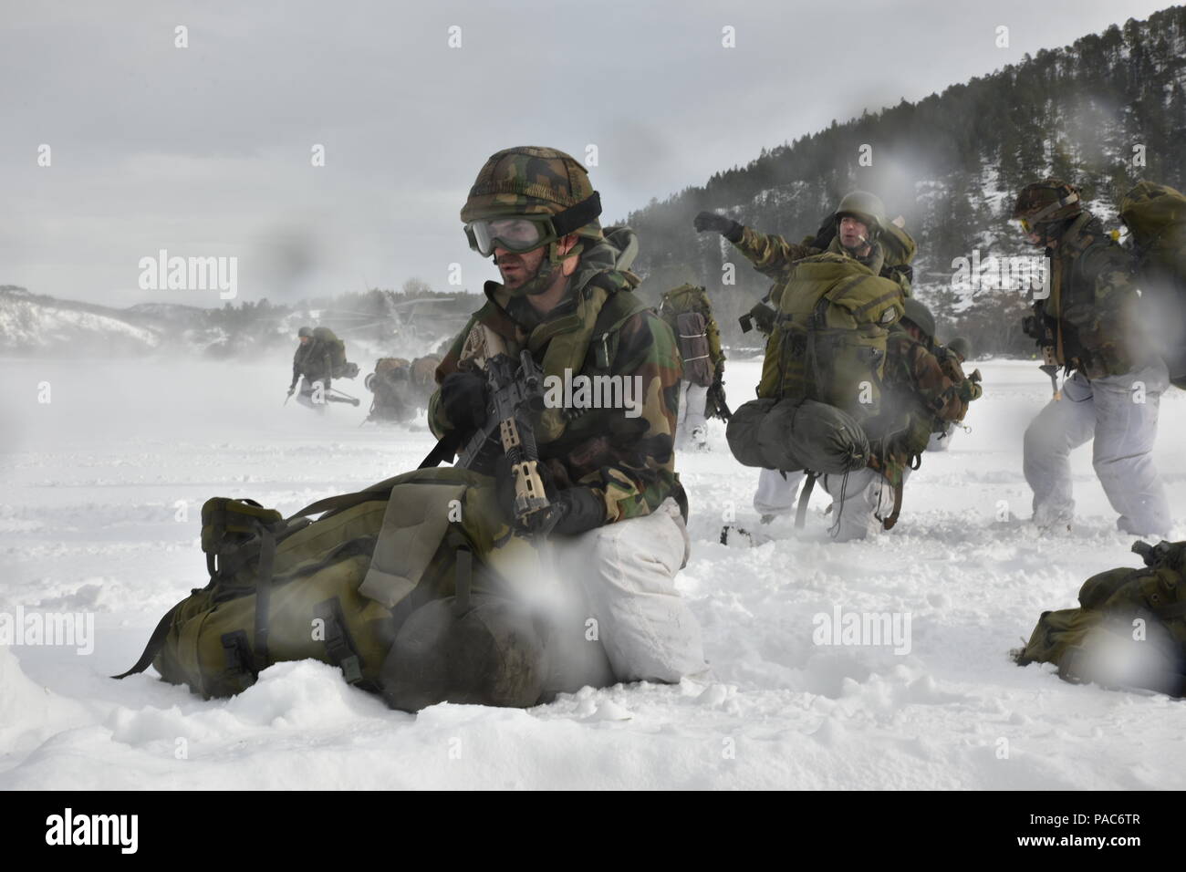 Soldiers from the Royal Netherlands Army participating in Exercise Cold Response 16 position themselves after exiting aircraft during the first phase of the extreme cold weather training. Cold Response is a Norwegian-led exercise that rehearses high-intensity operations in challenging winter conditions. The exercise involves more than 3,000 U.S. service members; approximately 6,500 members of the Norwegian Armed Forces; and nearly 4,000 troops from 11 allied and partner nations including Belgium, Canada, Denmark, France, Germany, Latvia, the Netherlands, Poland, Spain, Sweden, the United Kingd Stock Photo