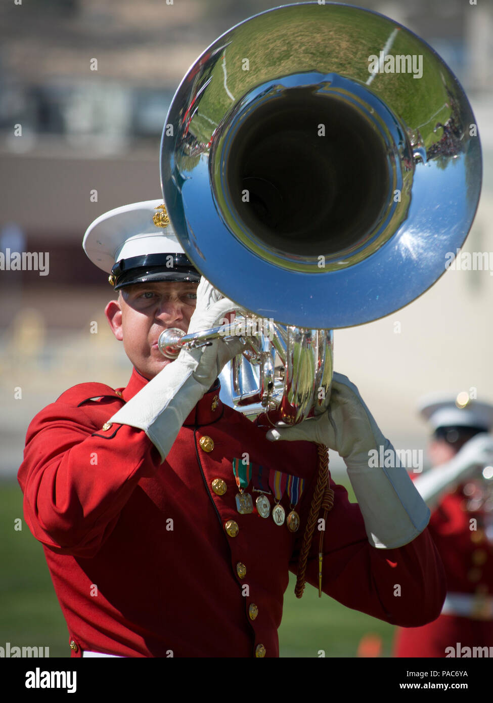 A Marine with U.S. Marine Drum and Bugle Corps, also known as "The