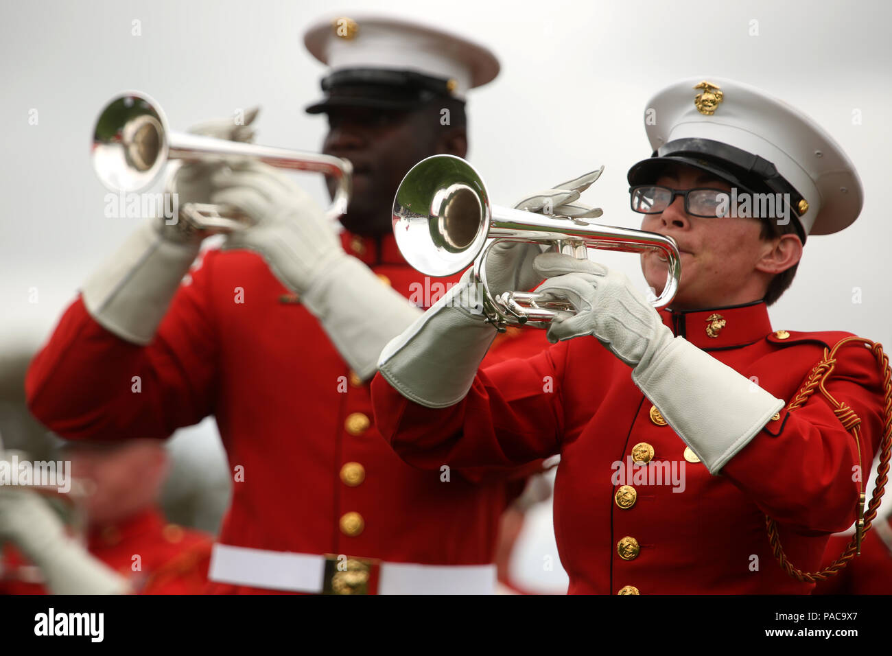 Marines with the United States Marine Drum and Bugle Corps perform