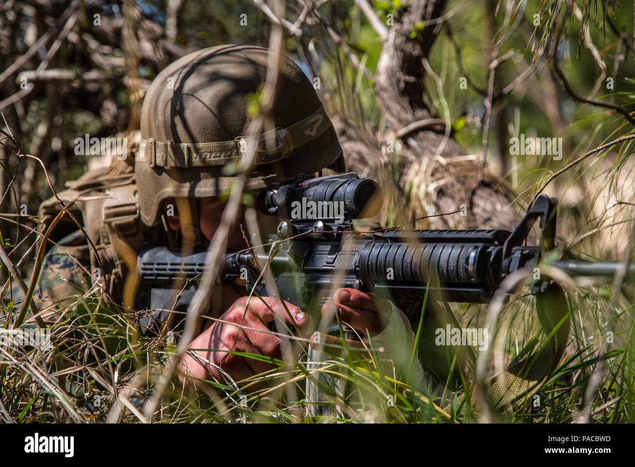 A U.S. Navy Corpsman assigned to Field Medical Training Battalion East (FMTB-E), provides security during a final exercise (FINEX) at Camp Johnson, N.C., March 2, 2016. FINEX is a culminating event at FMTB-E which transitions Sailors into the Fleet Marine Force. (U.S. Marine Corps photo by Sgt. James R. Skelton/Released) Stock Photo