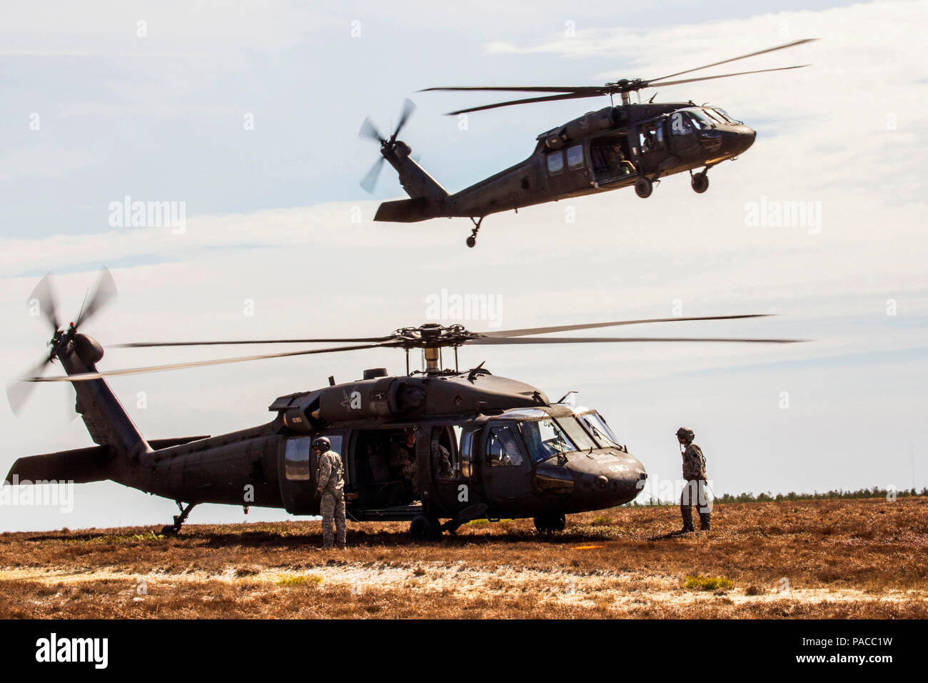 New Jersey Army National Guard UH-60 Black Hawks with the 1-150th Assault Helicopter Battalion participate in a joint training airborne operation with paratroopers from the U.S. Army Reserves’ 353rd Civil Affairs Command, 304th Civil Affairs Brigade, 404th Civil Affairs Battalion (Airborne) and the 450th Civil Affairs Battalion, along with Joint Tactical Air Control Airmen from the New Jersey Air National Guard's 227th Air Support Operations Squadron and the New York Air National Guard's 274th Air Support Operations Squadron at Coyle Drop Zone, Joint Base McGuire-Dix-Lakehurst, N.J., March 12, Stock Photo