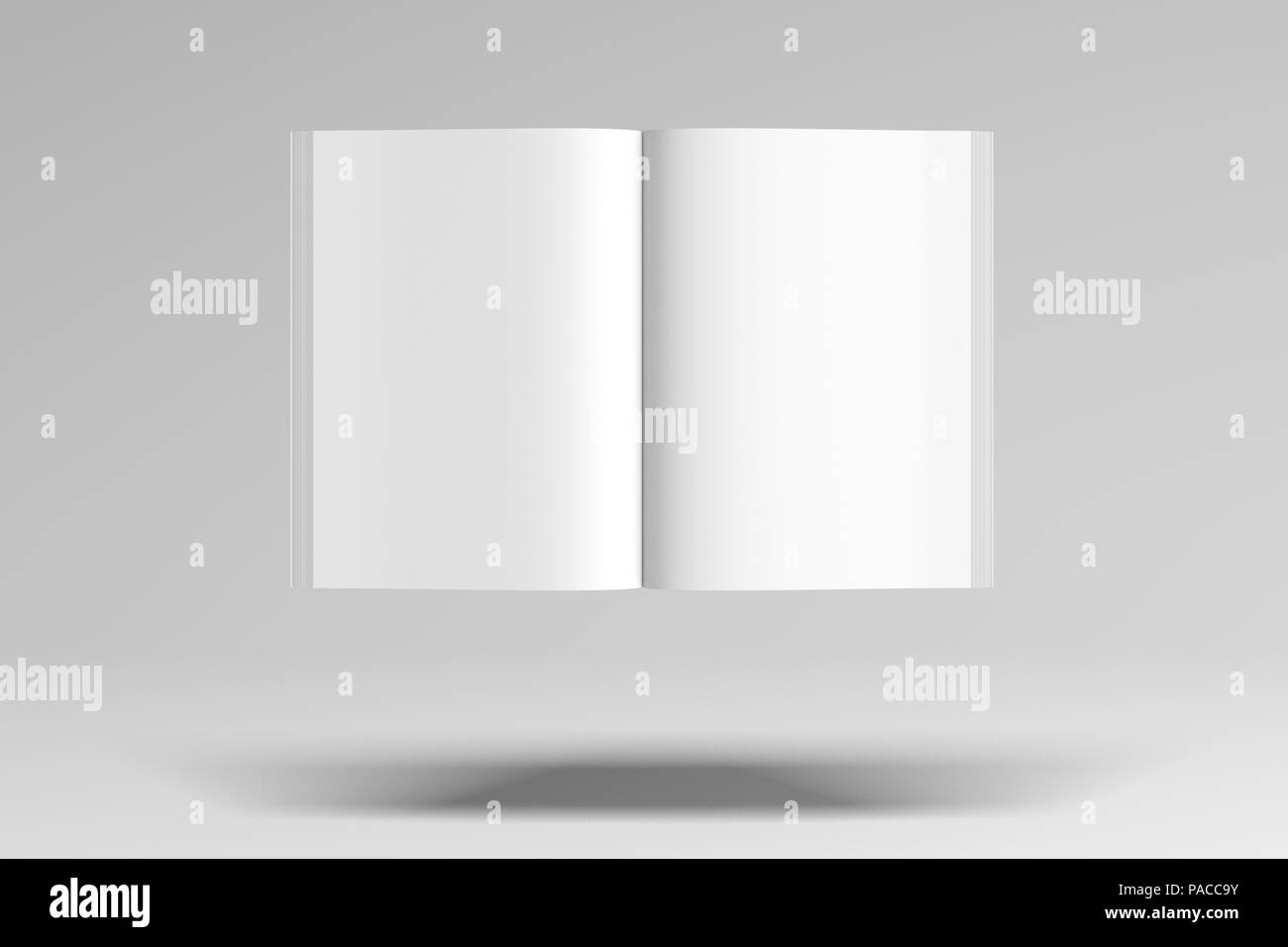 Blank pages of open vertical book with glossy paper. Flying over white