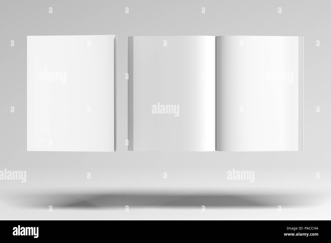 Blank cover and blank pages of open and closed vertical book with
