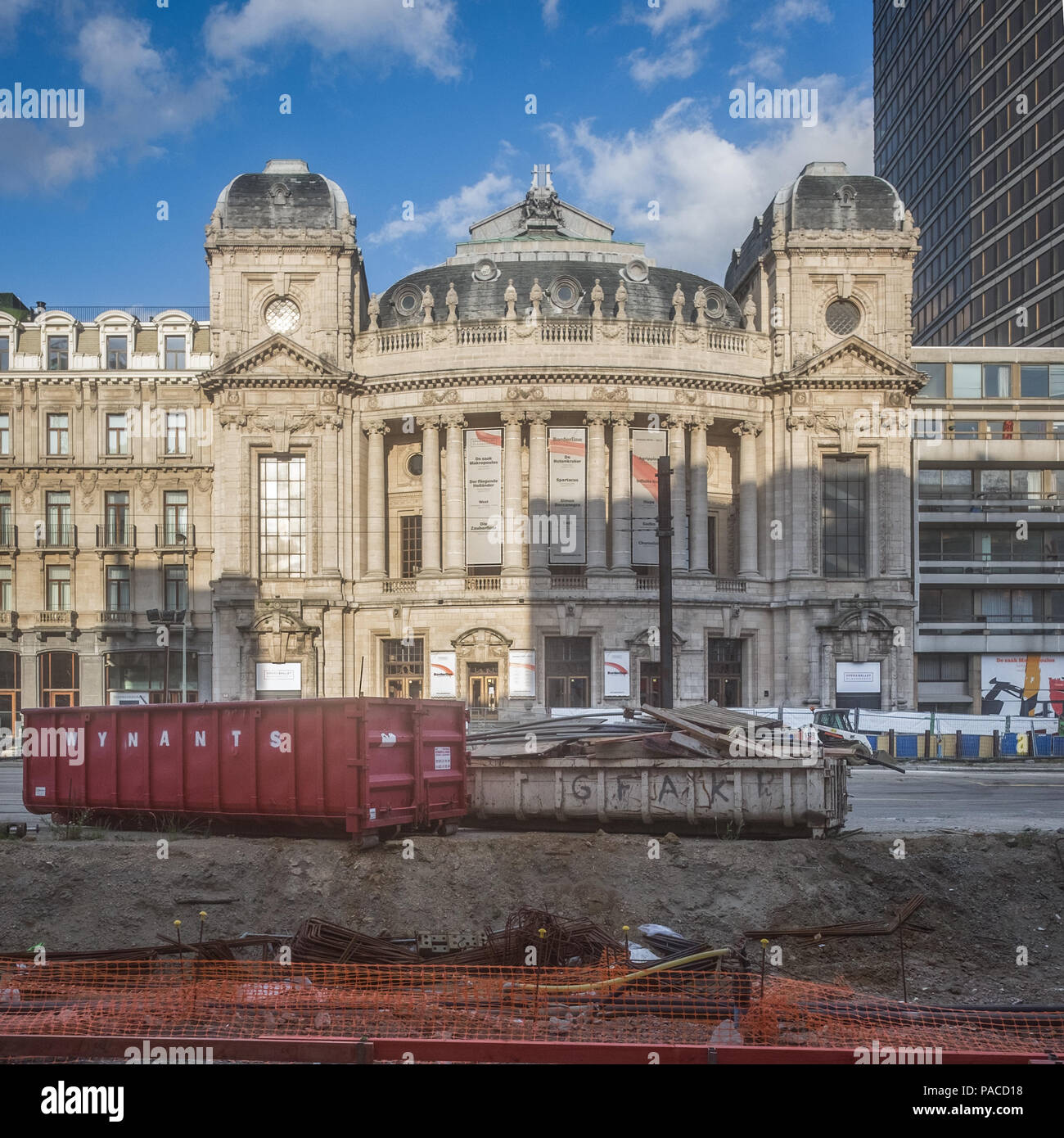 Road works in front of the Opera building resulting in heavy traffic disruptions in Antwerp, Belgium. Stock Photo