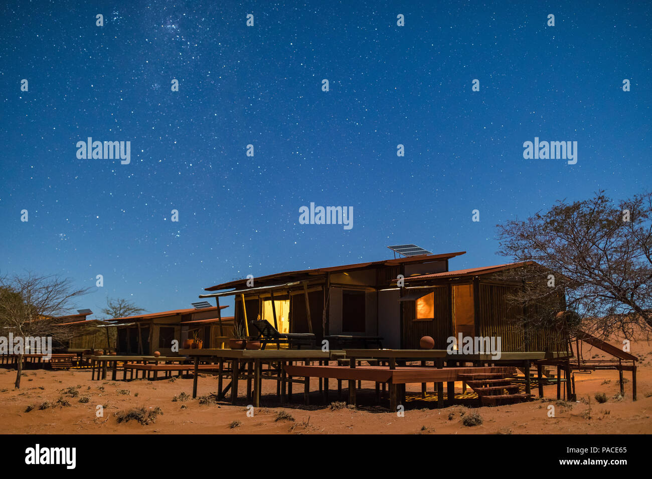 Wolwedans Dunes Lodge Chalet at night Stock Photo