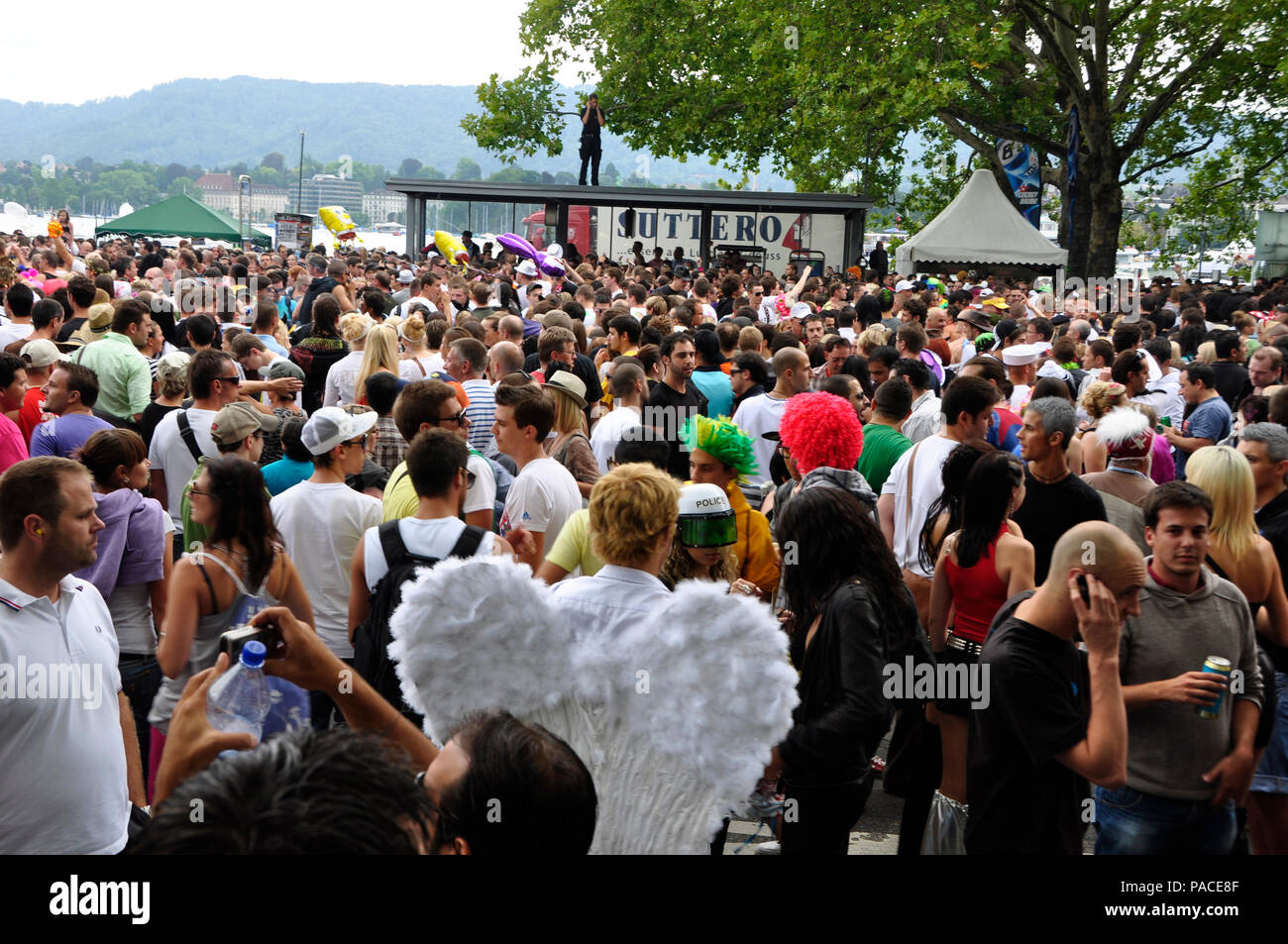There are up to five Ravers per square- meter at the Quai-bridge and techno-parade in Zürich. Stock Photo