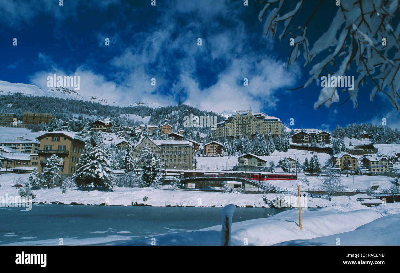 Swiss alps The Frozen Lake St. Moritz and theCarlton Hotel above the