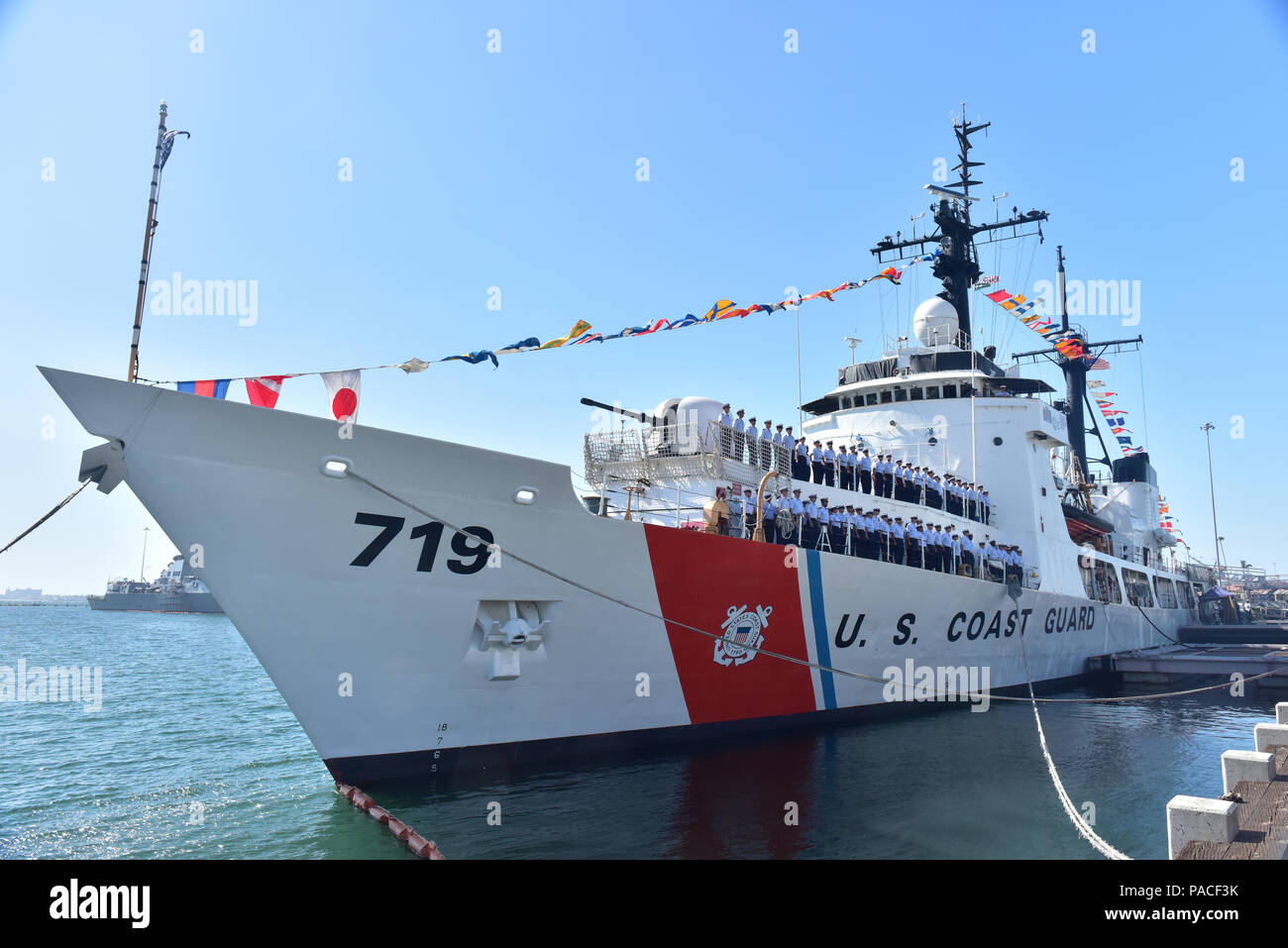 The crew of the 378foot Coast Guard Cutter Boutwell mans the rails for