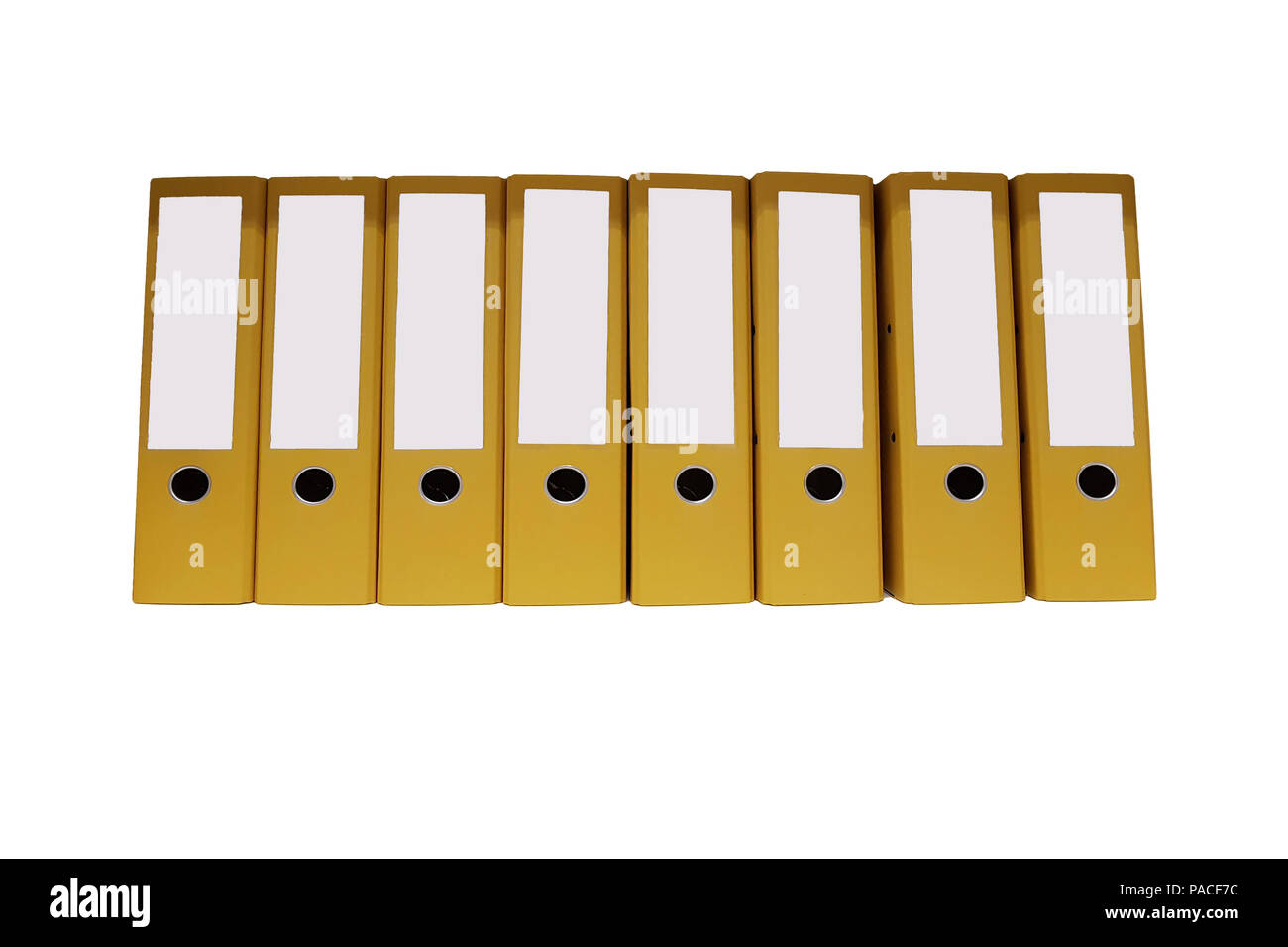 8 yellow file folders or ring binders in a row in front of white