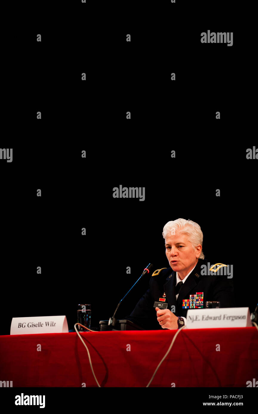 U.S. Army Brig. Gen. Giselle Wilz, NATO Headquarters Sarajevo commander, speaks during a discussion about defense issues and NATO at the University of East Sarajevo in Sarajevo, BiH, March 16, 2016. The event was hosted by the British Embassy Sarajevo to raise awareness and educate the public about NATO. (U.S. Air Force photo by Staff Sgt. Clayton Lenhardt/Released) Stock Photo