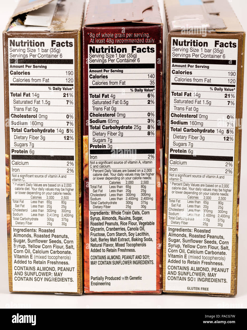 Nutritional facts about the contents with in three boxes Stock Photo