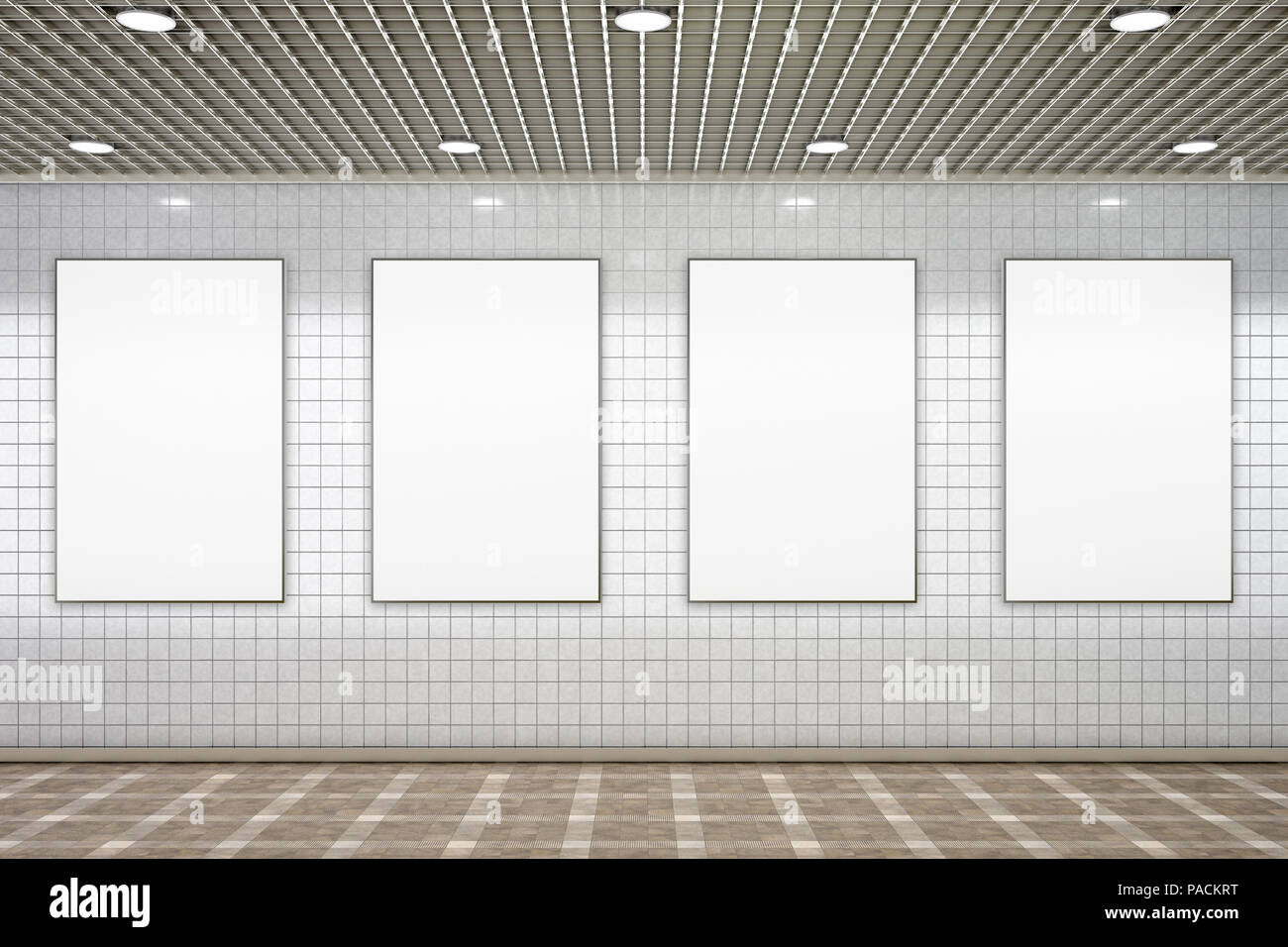 Four blank vertical advertisement posters in subway underground hall