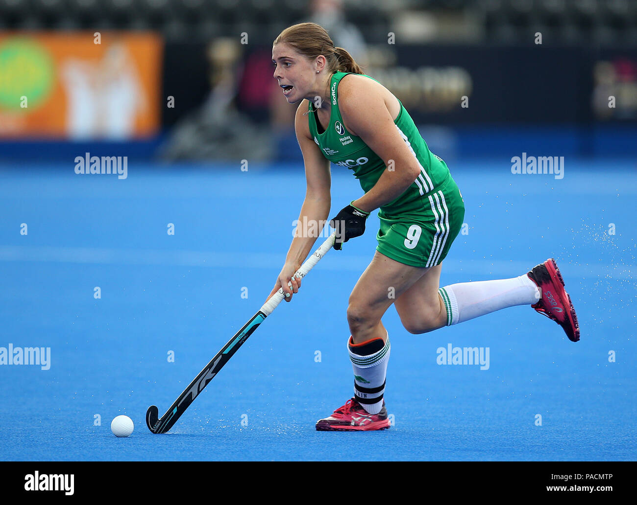 Ireland's Kathryn Mullan in action during the national anthem during the Vitality Women's Hockey World Cup pool B match at The Lee Valley Hockey and Tennis Centre, London. Stock Photo