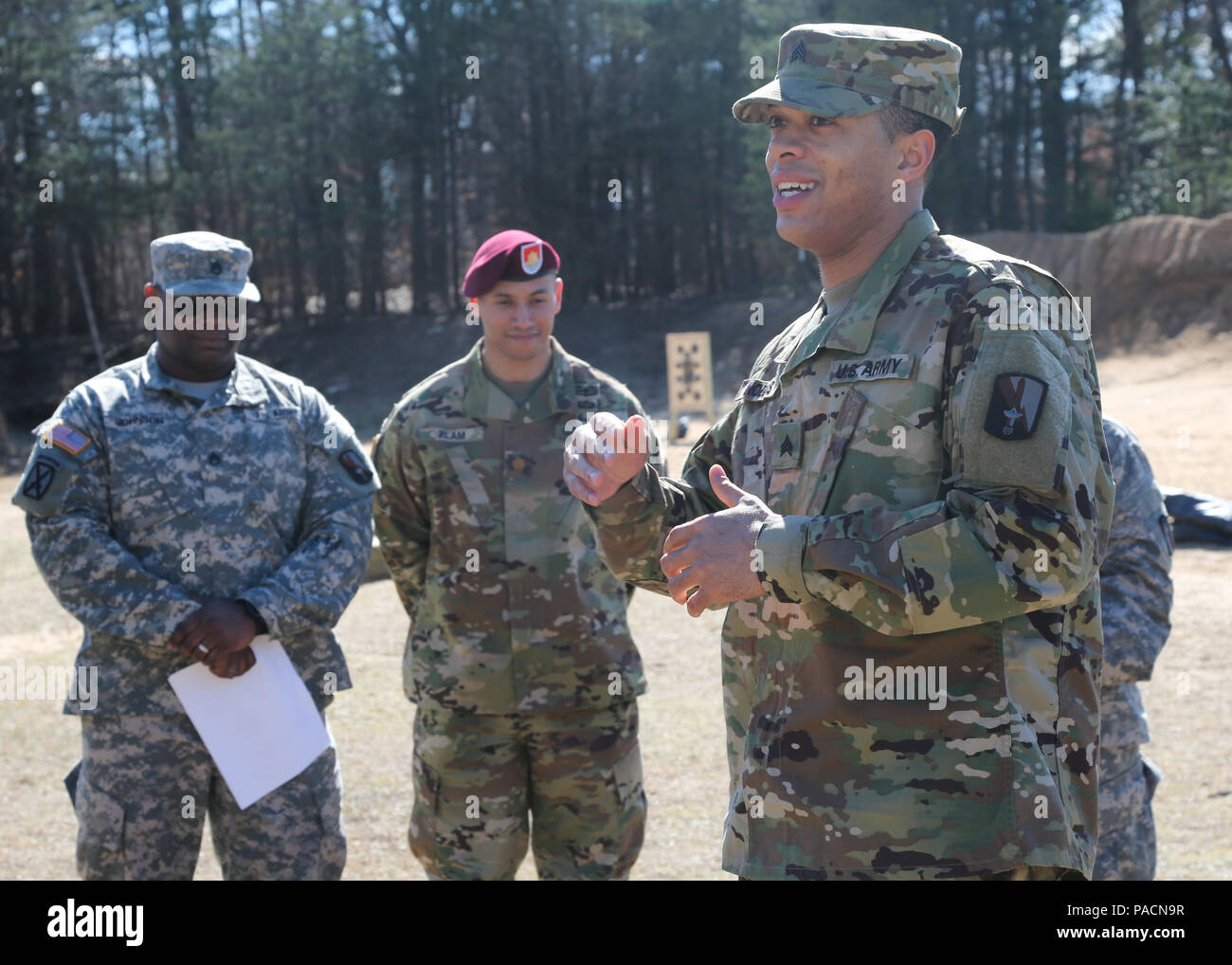 U.S. Army Sgt. Samuel Nobles, assigned to 55th Signal Company (Combat Camera), speaks on his promotion at Fort George G. Meade, Md., March 2, 2016. The promotion from Specialist to Sergeant marks the responsibility instilled into the new noncommissioned officer. ( U.S. Army photo by Spc. Alyssa Madero/Released) Stock Photo