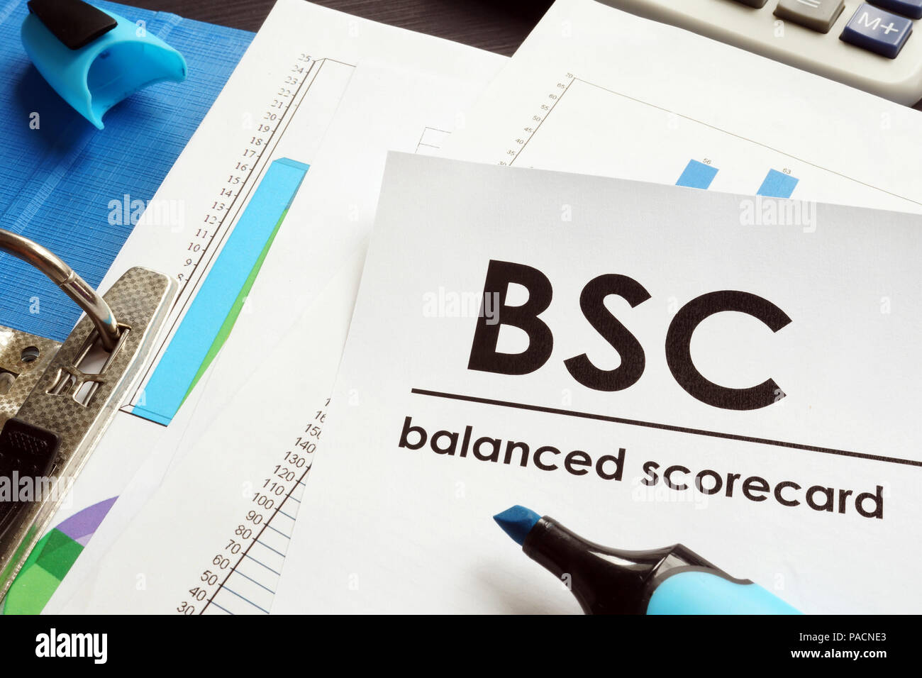 Documents about balanced scorecard BSC on a table. Stock Photo