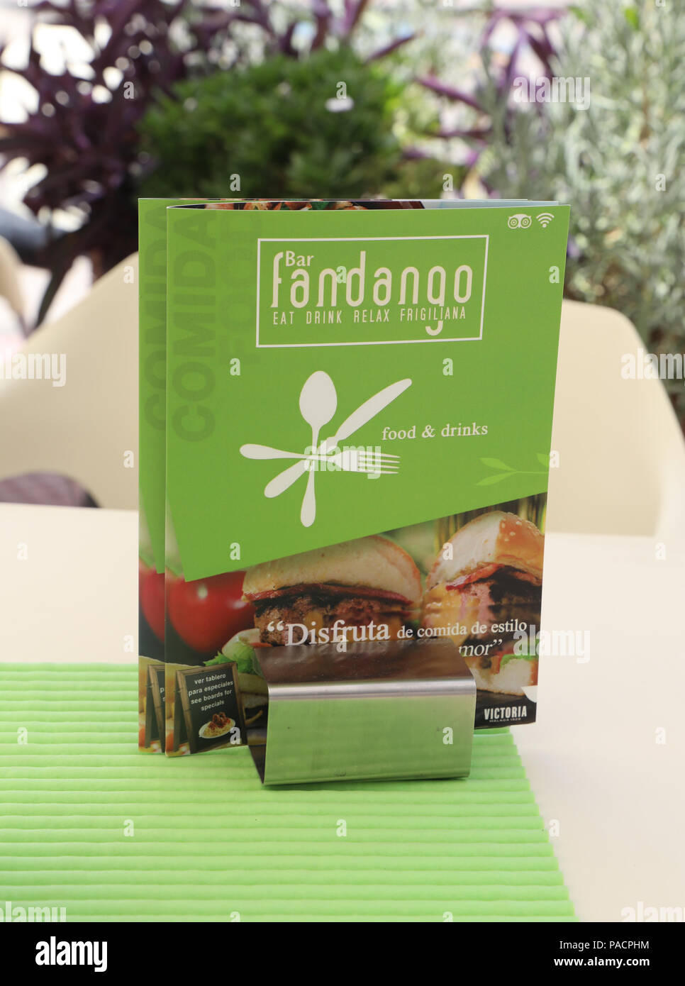 Menu card at Fandango's bar restaurant in Frigiliana Spain Stock Photo