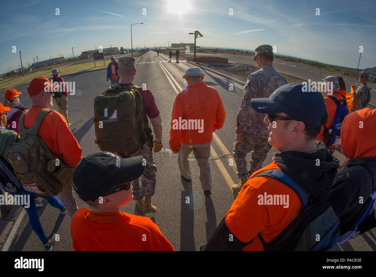 Retired U.S. Army Col. Ben Skardon, 98, a Bataan Death March survivor, begins a more than eight-mile walk in the 27th annual Bataan Memorial Death March at White Sands Missile Range, N.M., March 20, 2016. Skardon is the only survivor who walks in the memorial march and this is the ninth year in a row he has done it. (U.S. Army photo by Staff Sgt. Ken Scar) Stock Photo